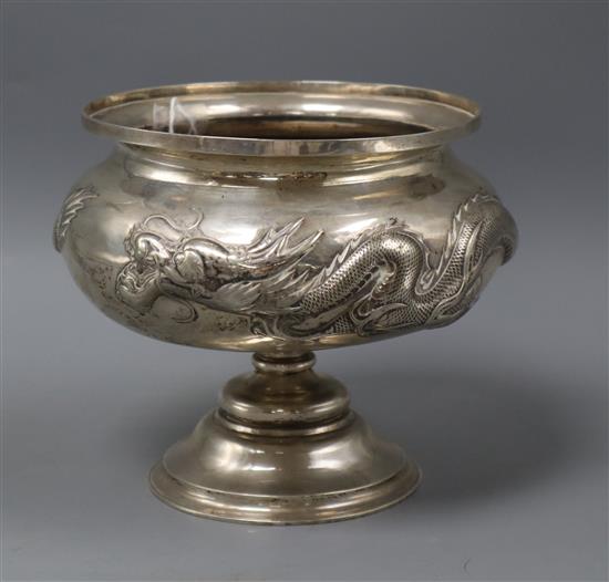 A late 19th/early 20th century Chinese Export white metal pedestal bowl by Wang Hing, Hong Kong, 25.5 oz.